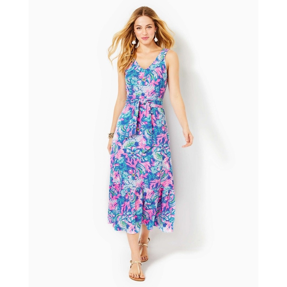 Lilly Pulitzer Madsen Midi Dress *NO BELT Blue Sitting Seaside Floral Sz XS